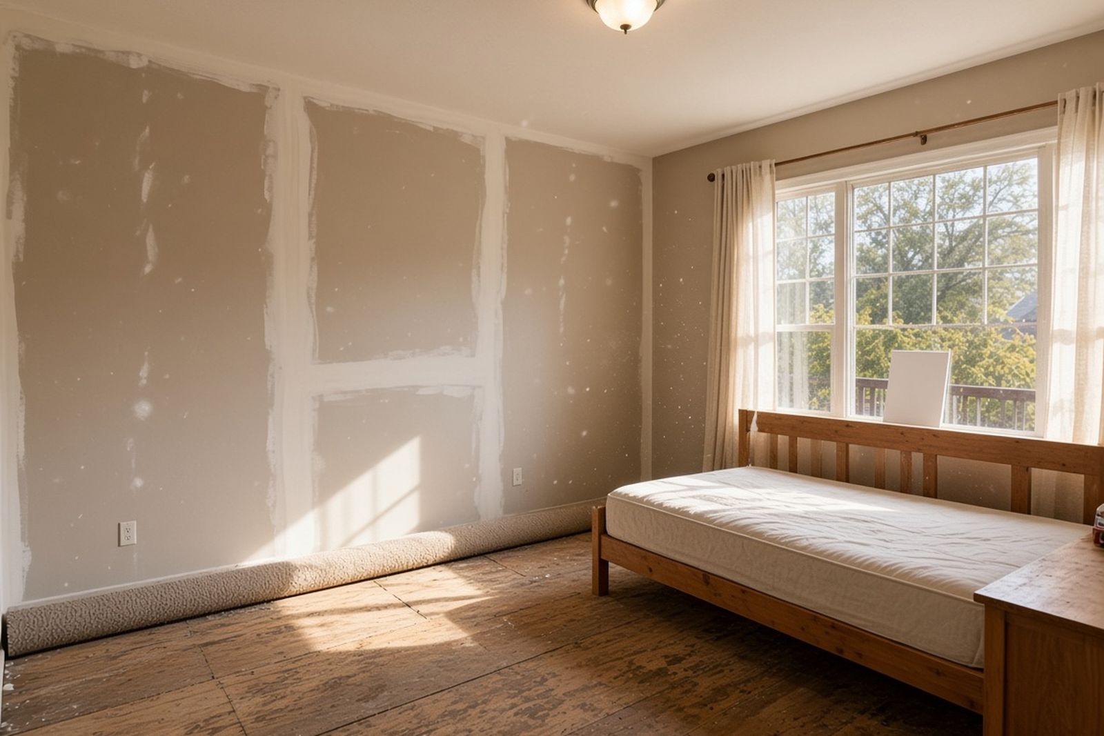 Bedroom after remediation with new drywall patches sanded smooth and carpet rolled back from the floor