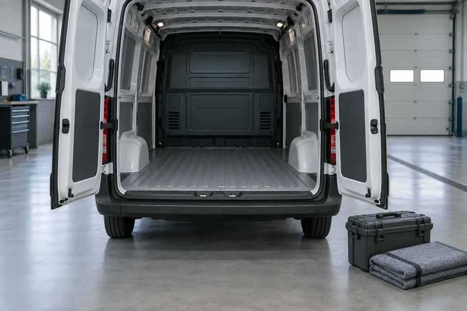 Empty cargo van with open rear doors and a closed equipment case