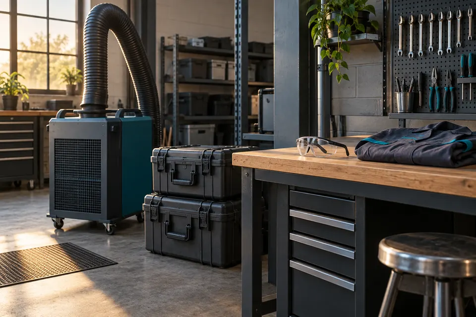 Air filtration equipment and storage cases in an empty workshop